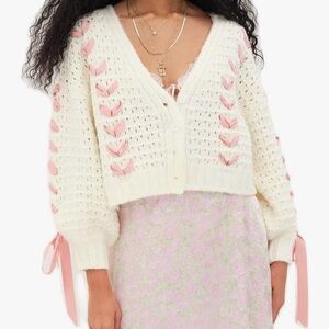 Amazon Cream and Pink Cardigan Sweater with Knitted Texture